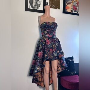 Bebe Floral Jacquard High-low Ball Gown Dress strapless mini skirt floral